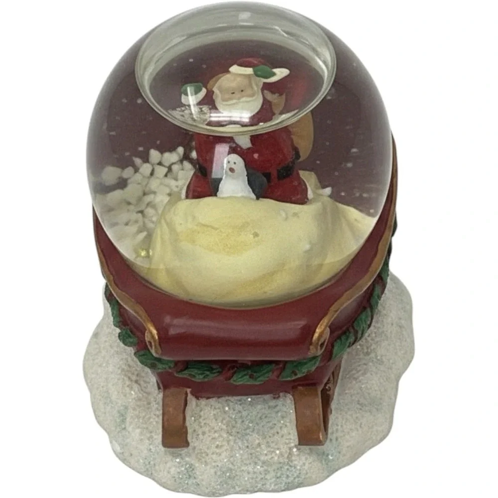 Russ Berrie Santa Penguin in Sleigh Mini Snow Globe Christmas Decor Hand Painted